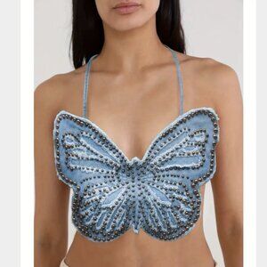 Women Y2K Studded Denim Butterfly Corset Crop Top Size L Blue Adjustable Straps
